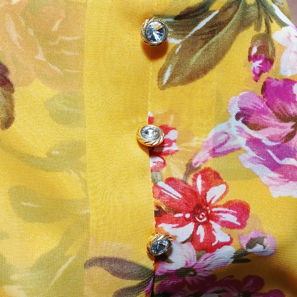 Yellow Boho Top Floral Flutter Sleeve Ruffle Front Blouse Large Semi Sheer - Picture 9 of 12